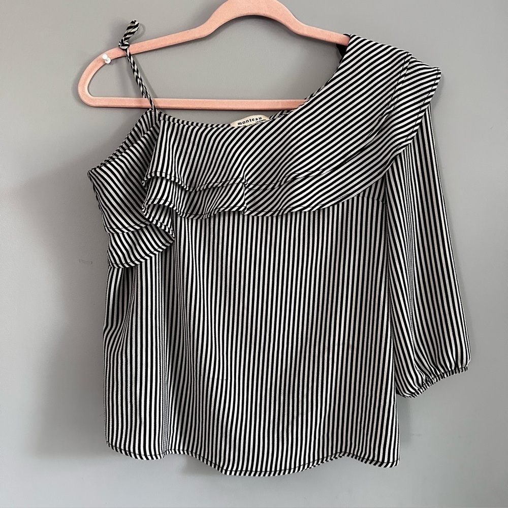 MONTEAU One Sleeve, Asymmetrical, Black & White Pinstripe Top, Ruffle, Size M